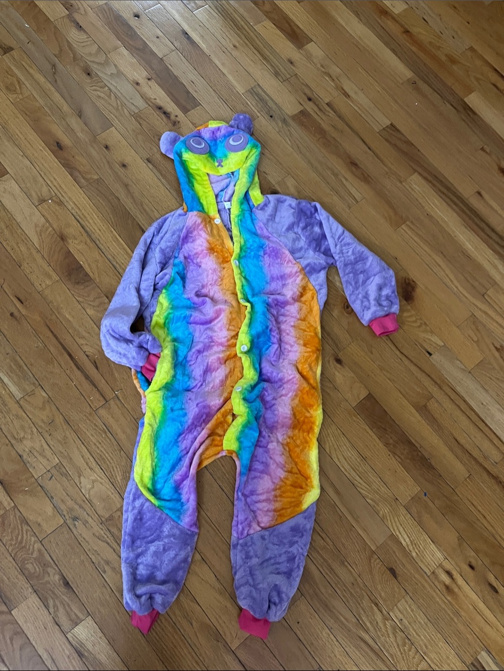 Cozy Purple Rainbow Plush Kids One-Piece with Hood